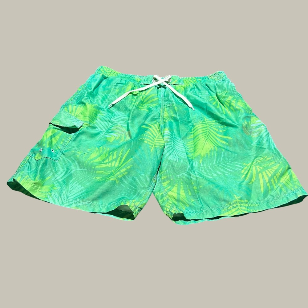 RS Surf Mens Green Tropical Palm Leaf Mesh Lined Cargo Swim Trunks Large